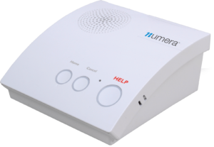 Numera Home Safety Hub PERS 4200X device, a sleek, compact emergency response system with illuminated help button, designed for seniors and home safety.