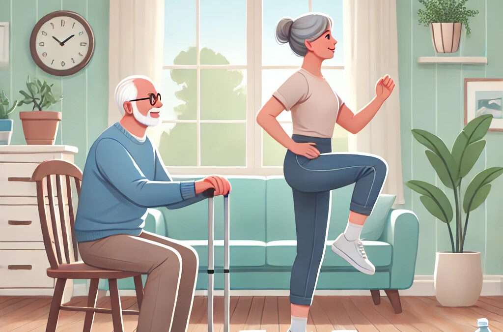Senior couple practicing balance exercises at home; the man balances on one leg holding a chair, while the woman performs a heel-to-toe walk.