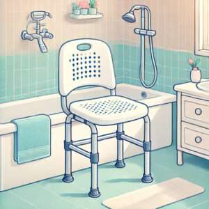 Illustration of a white bath chair for seniors with a plastic seat and backrest, adjustable aluminum legs, and rubber feet, placed in a clean modern bathtub.