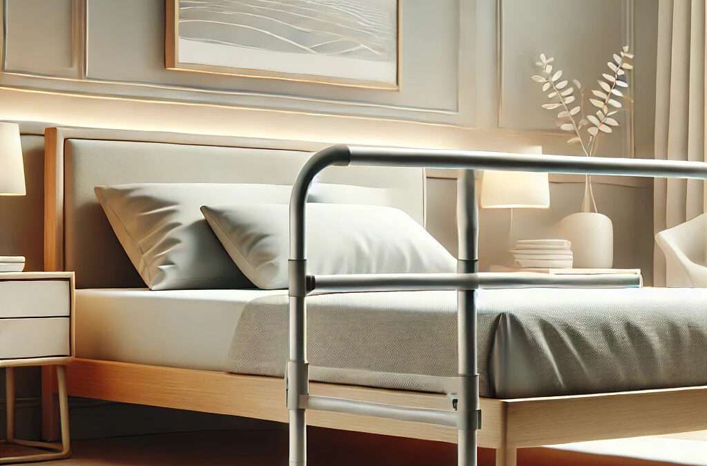 Illustration of a bed with a safety rail designed for seniors, set in a serene modern bedroom. The bed is neatly made, and the safety rail is shown attached for support and fall prevention.