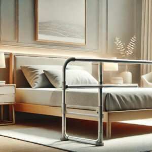 Illustration of a bed with a safety rail designed for seniors, set in a serene modern bedroom. The bed is neatly made, and the safety rail is shown attached for support and fall prevention.