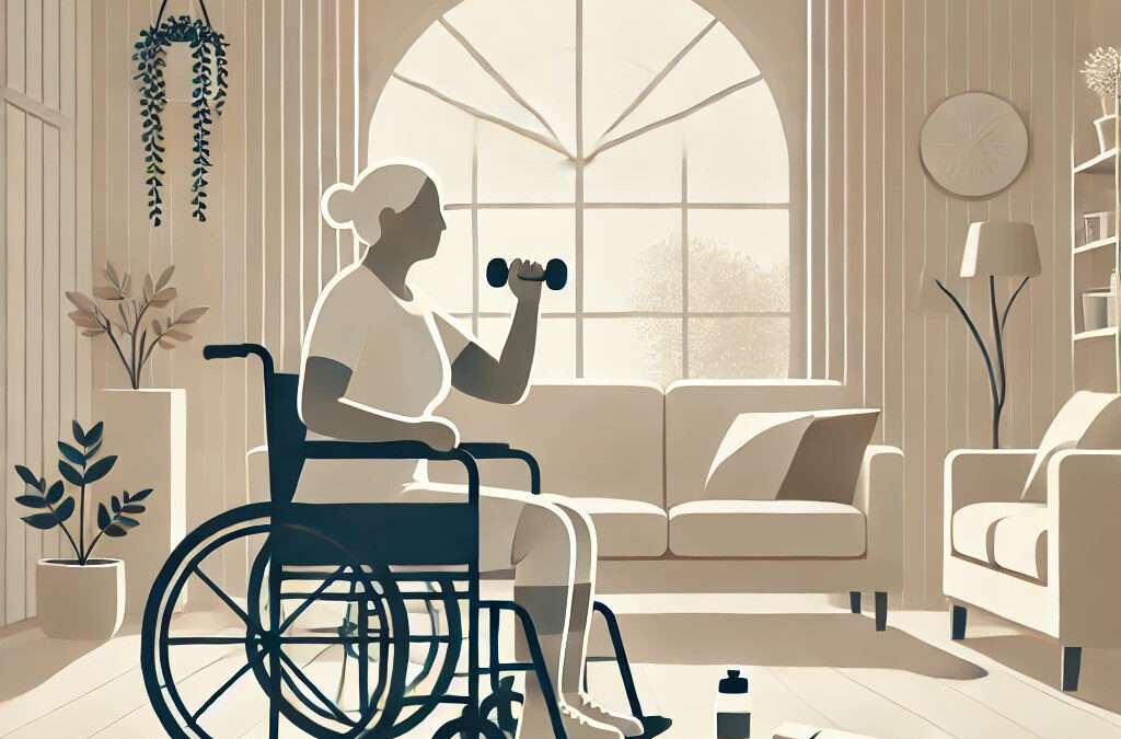 An illustration of an elderly woman in a wheelchair performing exercises with light hand weights in a bright and inviting living room.