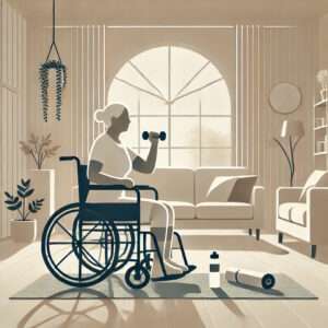 An illustration of an elderly woman in a wheelchair performing exercises with light hand weights in a bright and inviting living room.