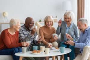 A group of seniors laughing and enjoying a card game together in a cozy living room, highlighting social interaction and fun games for seniors.