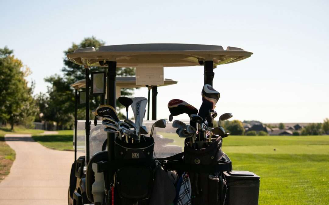 Golf cart with two golf bags filled with clubs on a sunny day, ideal for seniors enjoying a round of golf.