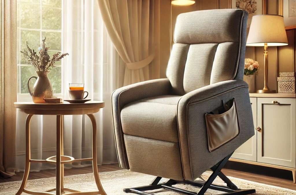 A stylish lift chair in a cozy living room, featuring a side pocket, a small table with a medical alert device, a book, and a cup of tea, creating a safe and comfortable environment for seniors.