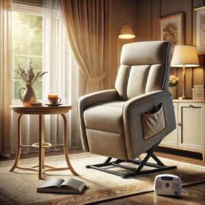 A stylish lift chair in a cozy living room, featuring a side pocket, a small table with a medical alert device, a book, and a cup of tea, creating a safe and comfortable environment for seniors.