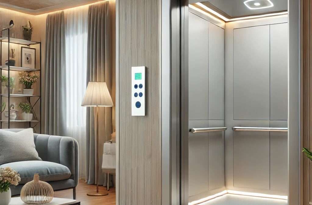 A sleek and modern home elevator designed for seniors, featuring a compact control panel, safety handrails, and soft LED lighting in a cozy home interior.