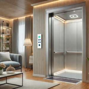 A sleek and modern home elevator designed for seniors, featuring a compact control panel, safety handrails, and soft LED lighting in a cozy home interior.