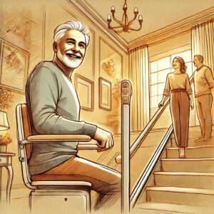 Senior man using a stair lift in a warmly lit home, with a couple smiling in the background.