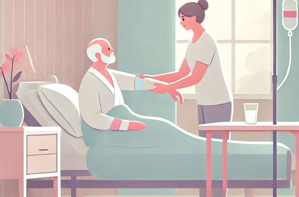 A caregiver assisting a bedridden senior with a simple arm exercise in a cozy, well-lit hospital room featuring a hospital bed, pillows, a bedside table with a glass of water, and a resistance band.