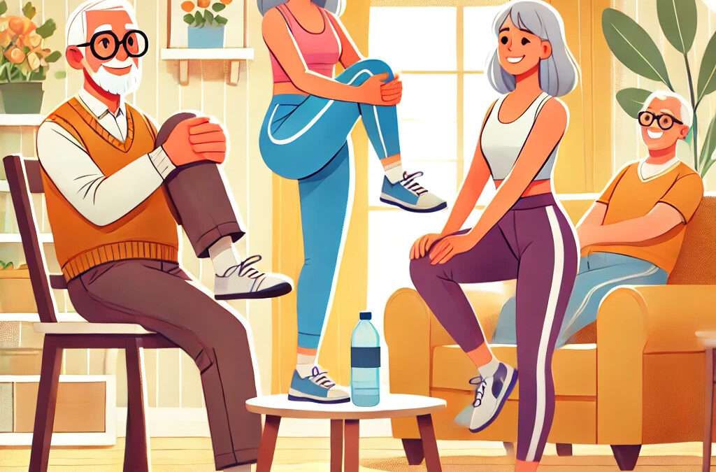 Illustration of an elderly man and two elderly women performing leg strengthening exercises in a cozy living room setting. The man is seated doing leg lifts, one woman is doing calf raises behind a chair, and the other is performing seated leg stretches, all smiling and dressed in casual workout attire.