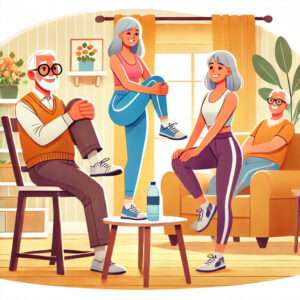 Illustration of an elderly man and two elderly women performing leg strengthening exercises in a cozy living room setting. The man is seated doing leg lifts, one woman is doing calf raises behind a chair, and the other is performing seated leg stretches, all smiling and dressed in casual workout attire.