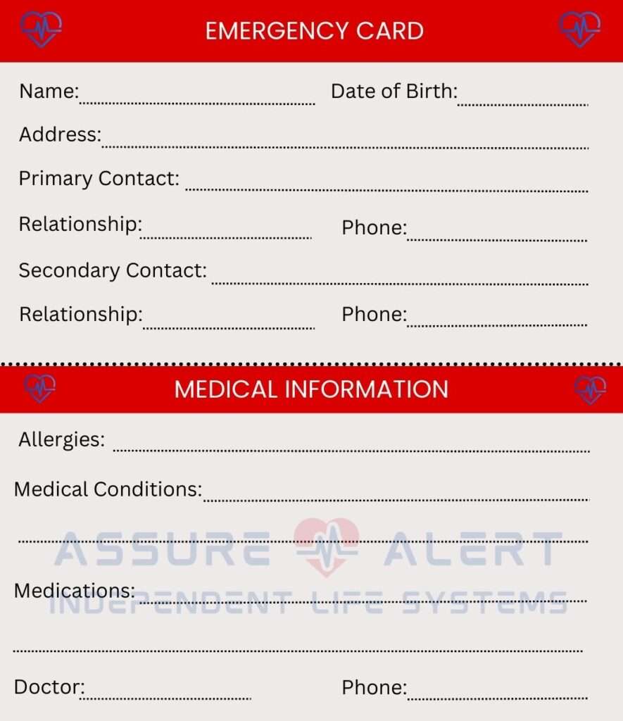 A downloadable image of a simplified emergency card template labeled "EMERGENCY" with essential health and contact information fields for seniors.