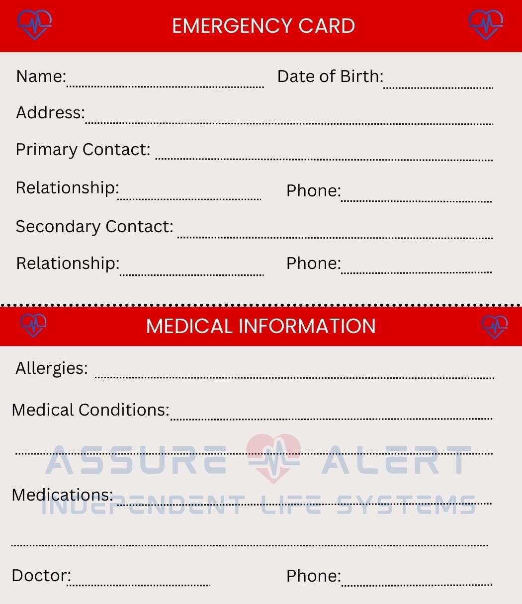 Preview of a simplified In Case of Emergency (ICE) card with the word "EMERGENCY" written on it, showing essential health and contact information fields.