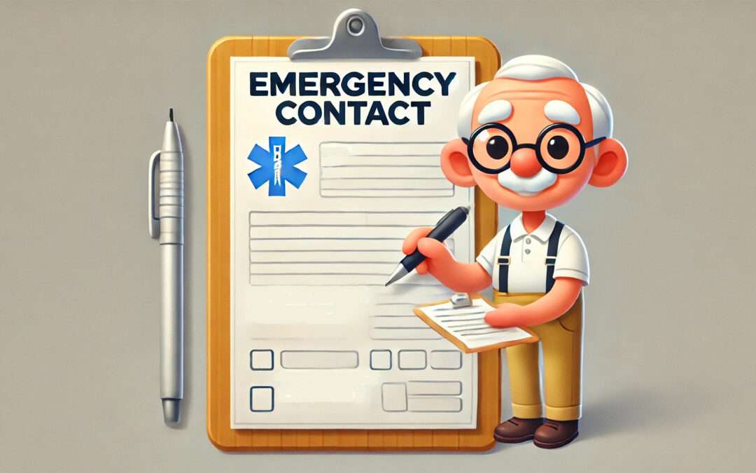 Emergency Contact Information Form Template - Cartoon Image with Elderly Man Holding Pen and Form