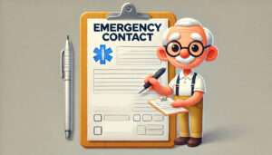 Emergency Contact Information Form Template - Cartoon Image with Elderly Man Holding Pen and Form