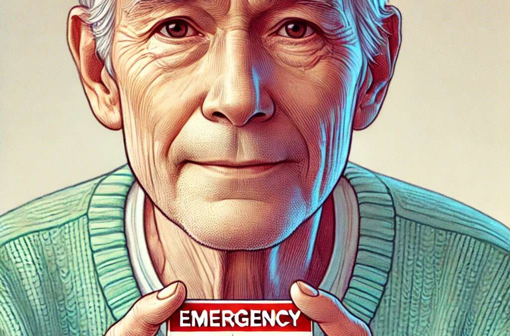 A senior holding a simplified emergency card with the word "EMERGENCY" written on it, featuring a green and red emergency symbol, in a vibrant and softly colored illustration.