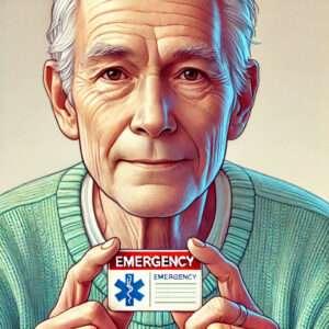 A senior holding a simplified emergency card with the word "EMERGENCY" written on it, featuring a green and red emergency symbol, in a vibrant and softly colored illustration.