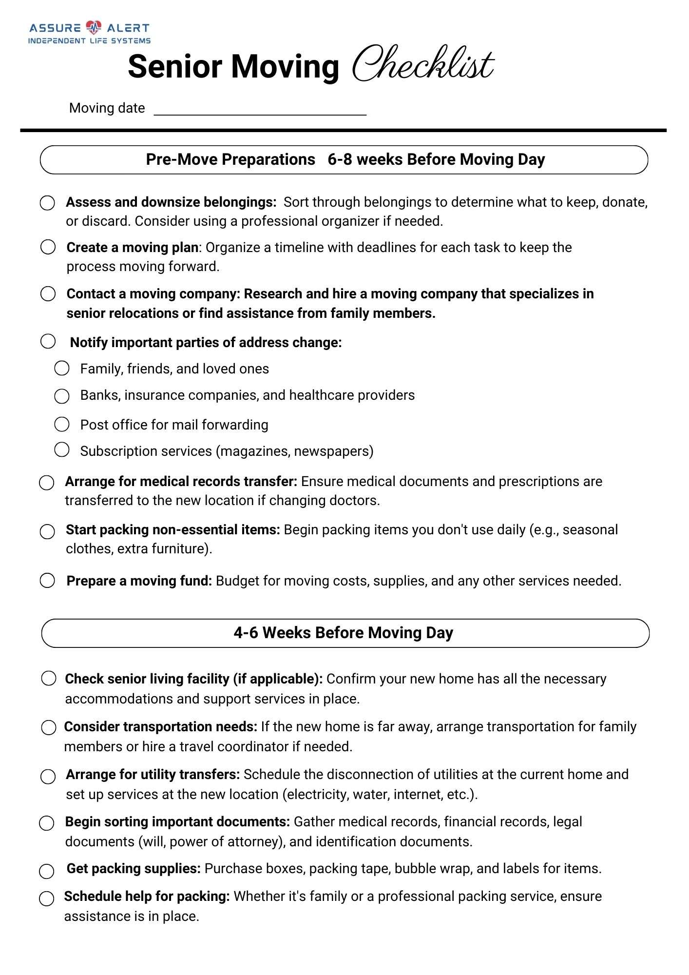 Preview of the Senior Moving Checklist, helping seniors organize their move with essential tasks and timelines.